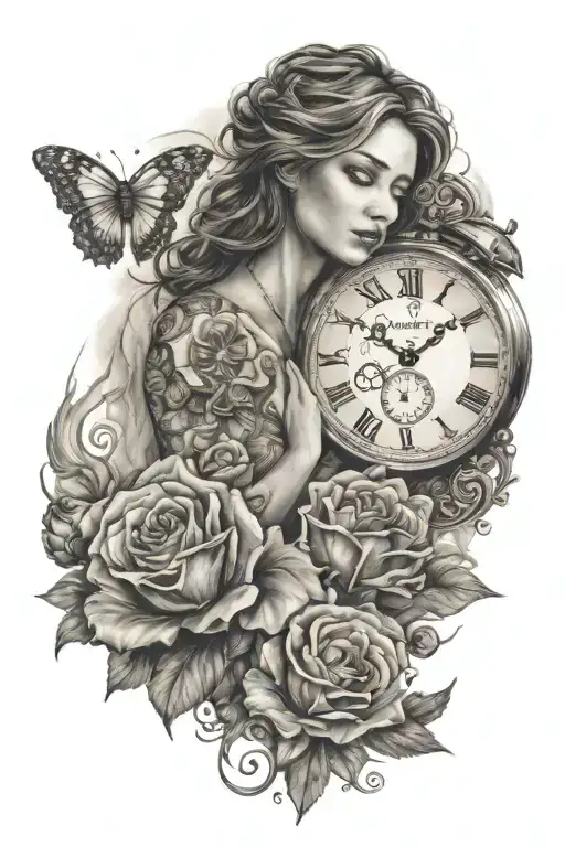 "Mother love is the fuel that enables a normal human being to do the impossible." quote with a clock and a tribute tomom tattoo design idea