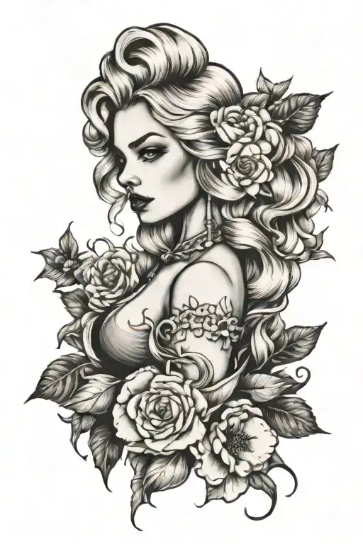 girl with blond hair, black and white sketch tattoo design idea