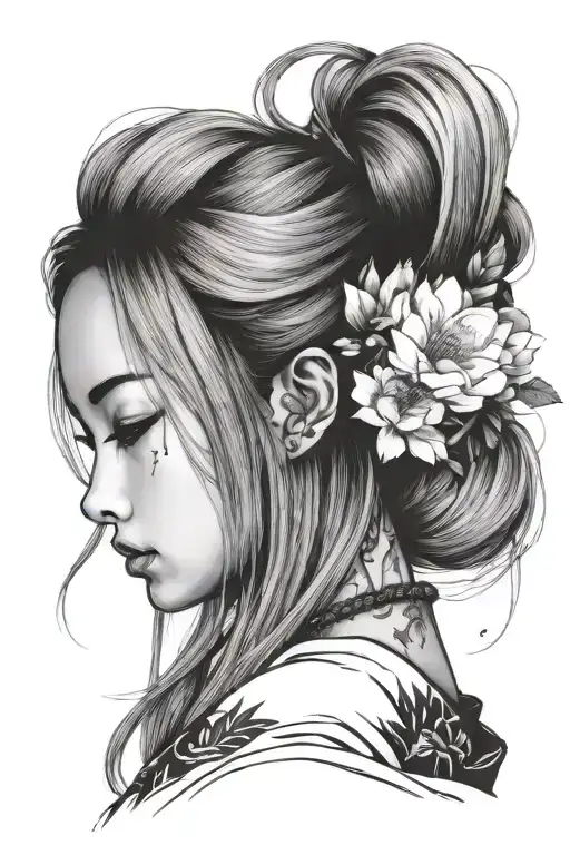 girl with blond straight hair, Slavic appearance, full face, beautiful, black and white sketch tattoo design idea