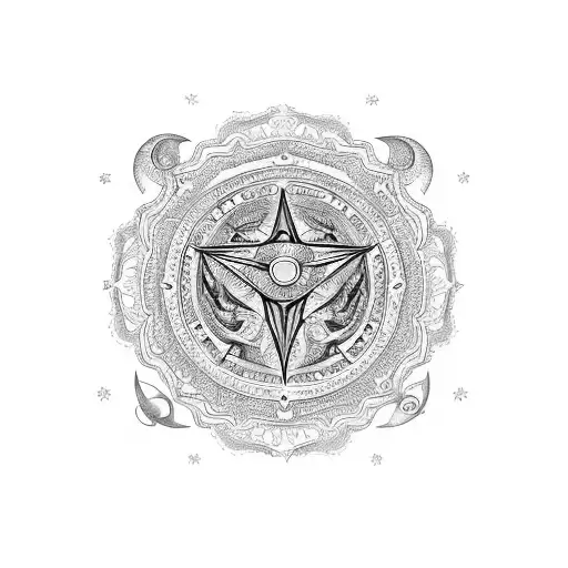 An intricate mandala design featuring Capricorn symbols and musical instruments, with holly and narcissus flowers as decorative elements. tattoo design idea