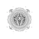 An intricate mandala design featuring Capricorn symbols and musical instruments, with holly and narcissus flowers as decorative elements. tattoo design idea