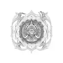 An intricate mandala design featuring Capricorn symbols and musical instruments, with holly and narcissus flowers as decorative elements. tattoo design idea