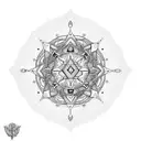 An intricate mandala design featuring Capricorn symbols and musical instruments, with holly and narcissus flowers as decorative elements. tattoo design idea