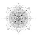 An intricate mandala design featuring Capricorn symbols and musical instruments, with holly and narcissus flowers as decorative elements. tattoo design idea