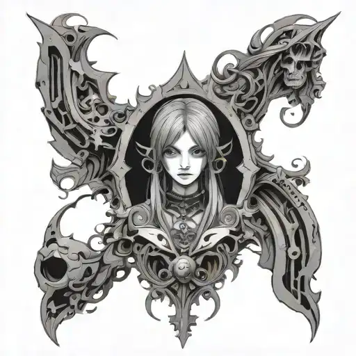 A gothic manga scene featuring dark and mysterious elements in black-grey style tattoo design idea