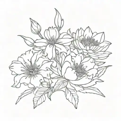 bouquet of carnation flower, rose flower, aster flower, chrysanthemum flower, fine line, no color  tattoo design idea