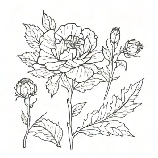 carnation, rose, aster, chrysanthemum, with stem, fine line, no color, minimal detail  tattoo design idea