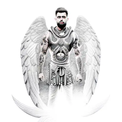 kneeling warrior angel male tattoo design idea