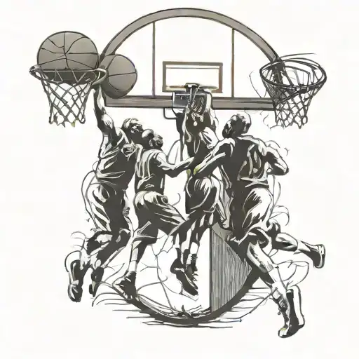 A basketball hoop with a silhouette of a family playing basketball tattoo design idea