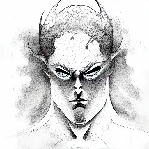 Devilish man, an eye distorted, another eye blinded,  tattoo design idea