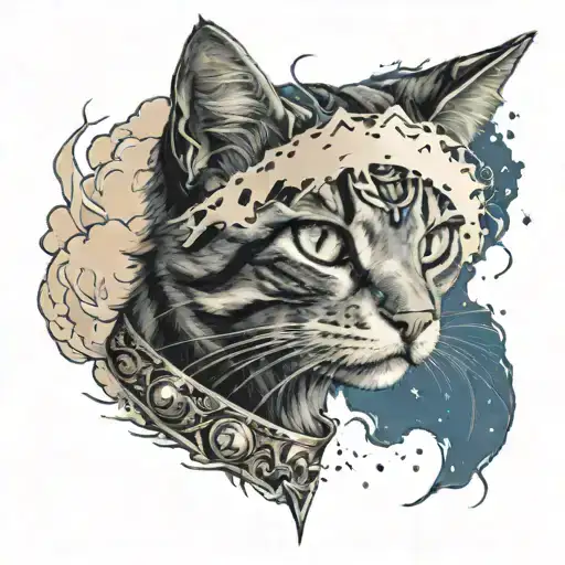 A realistic tattoo of a cat wearing a metal music-inspired bandana, surrounded by anime-style clouds and lightning bolts tattoo design idea