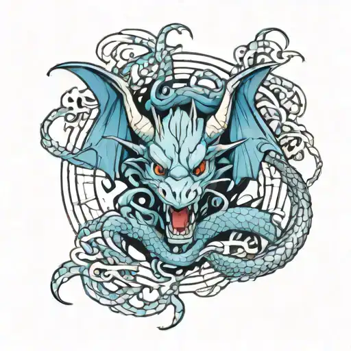 A tattoo design featuring a fierce dragon intertwined with the Avenged Sevenfold logo, with a metal music-inspired background tattoo design idea