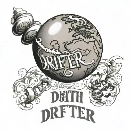 earth globe with a word drifter running alongside tattoo design idea