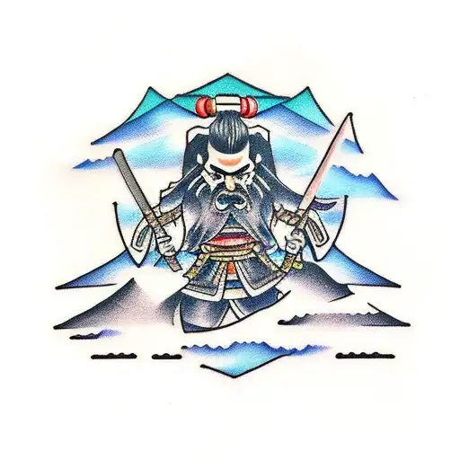 3 sword samurai with mont Fuji background and a dojo tattoo design idea