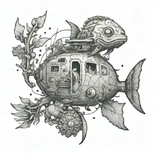 An intelligence analyst exploring a mysterious underwater world filled with sea creatures and ancient ruins tattoo design idea