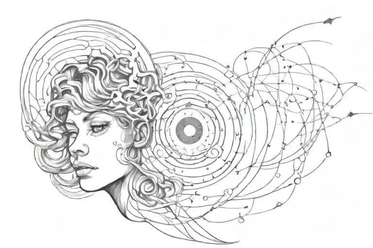 an individual with a black hole inside her and a singularity appearing inside her head. tattoo design idea