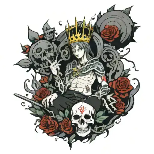 character from Anime magic battle Sukuna sits on a mountain of skulls in a crown, and around roses and a sea of ​​hands tattoo design idea