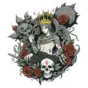 character from Anime magic battle Sukuna sits on a mountain of skulls in a crown, and around roses and a sea of ​​hands tattoo design idea