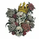 character from Anime magic battle Sukuna sits on a mountain of skulls in a crown, and around roses and a sea of ​​hands tattoo design idea