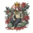 character from Anime magic battle Sukuna sits on a mountain of skulls in a crown, and around roses and a sea of ​​hands tattoo design idea