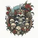 character from Anime magic battle Sukuna sits on a mountain of skulls in a crown, and around roses and a sea of ​​hands tattoo design idea