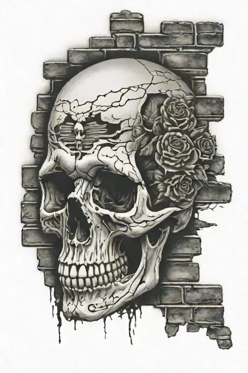brick wall and skull tattoo design idea