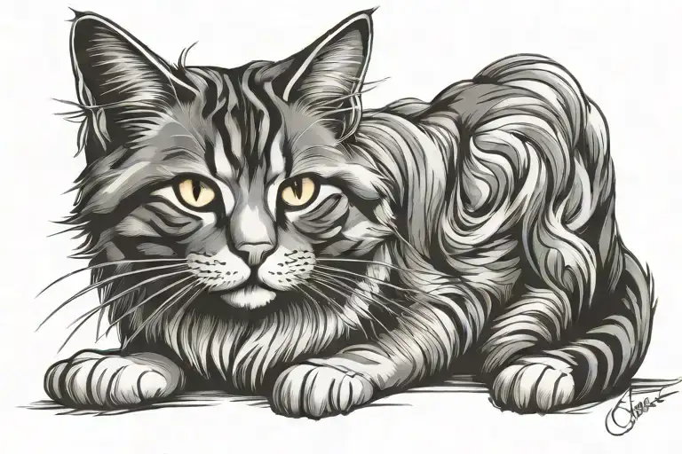 Maine coone cat content expression whimsical  tattoo design idea
