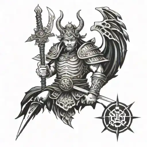 enma the king of hell from buddism with samurai armor, 3 swords tattoo design idea