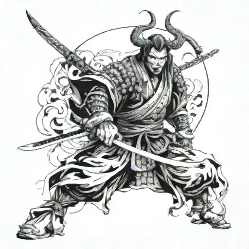 a demon samurai with three swords, with hachuras and the art style from takehiko inoue from vagabond manga tattoo design idea