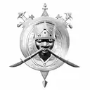 African warrior shield with nsidibi and uli inscribed  and with a sword and staff in the background tattoo design idea