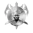 African warrior shield with nsidibi and uli inscribed  and with a sword and staff in the background tattoo design idea