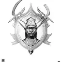 African warrior shield with nsidibi and uli inscribed  and with a sword and staff in the background tattoo design idea