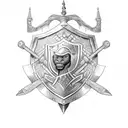 African warrior shield with nsidibi and uli inscribed  and with a sword and staff in the background tattoo design idea