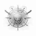 African warrior shield with nsidibi and uli inscribed  and with a sword and staff in the background tattoo design idea