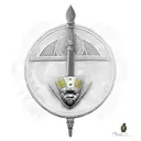 African warrior shield with nsidibi and uli inscribed  and with a sword and staff in the background tattoo design idea