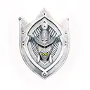 African warrior shield with nsidibi and uli inscribed  and with a sword and staff in the background tattoo design idea