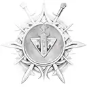 African warrior shield with nsidibi and uli inscribed  and with a sword and staff in the background tattoo design idea