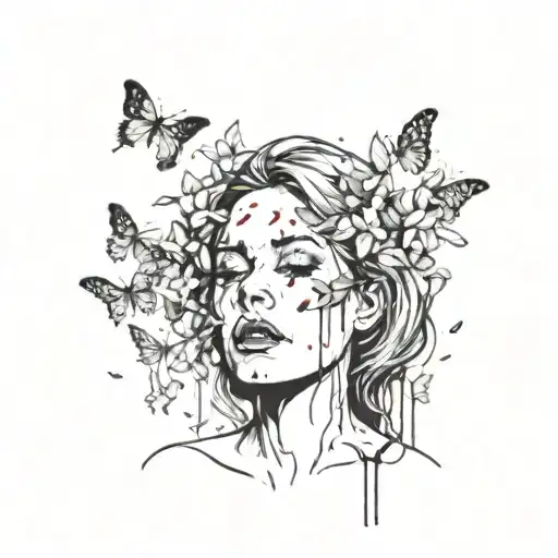 woman with butterflies covering her eyes, blood dripping from beneath the butterflies. tattoo design idea