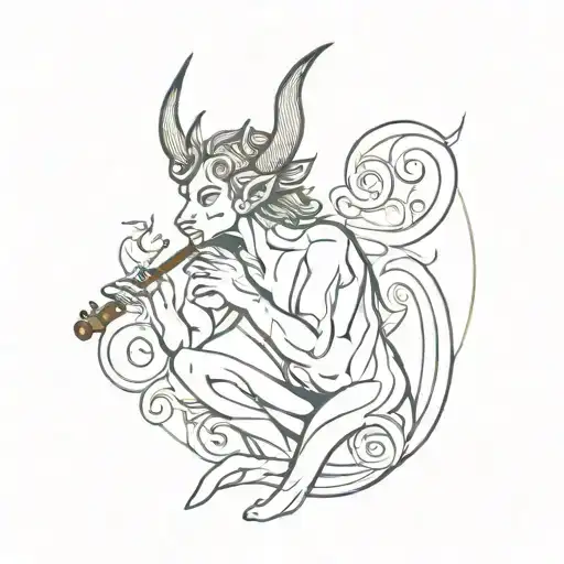 Very abstract tattoo of a peaceful satyr and flute. The shapes and lines indicate softness and pleasure tattoo design idea