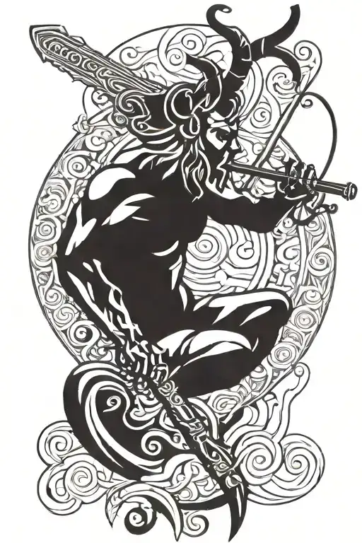 Very abstract, tribal tattoo of a satyr and flute. The shapes and lines indicate softness and pleasure, not agression tattoo design idea