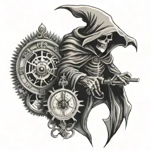 grim reaper holding clock gears tattoo design idea