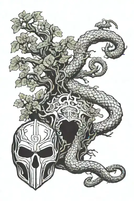 elder tree. on the bottom the helmet of loki. around everything the oroboros snake eating his tail tattoo design idea