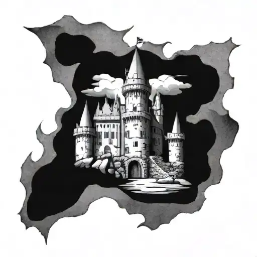 Medieval fantasy castle, towers, closed gate, stone base, black and white tattoo design idea