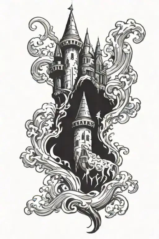Medieval castle fantasy calf tattoo design idea