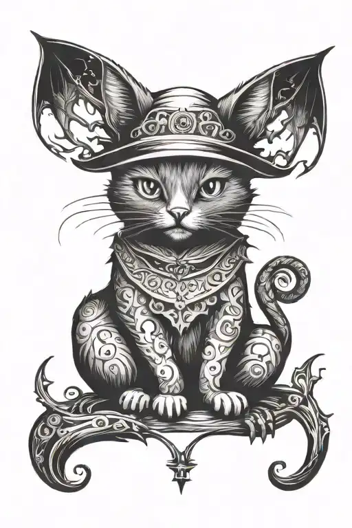 witchy cat with bats tattoo design idea