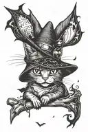 witchy cat with bats tattoo design idea