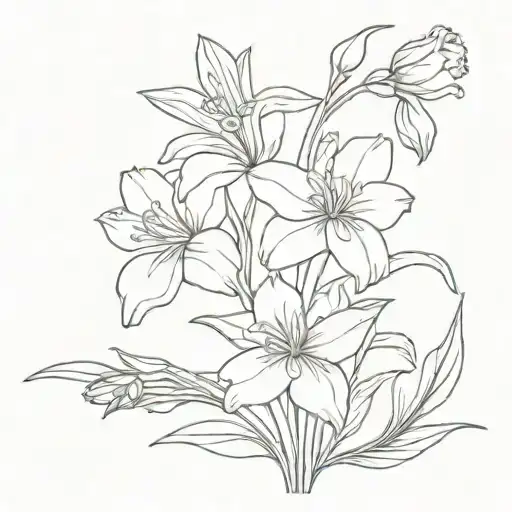 bouquet of flowers. 2 carnations, a daffodil, a snowdrop and a larkspur  tattoo design idea