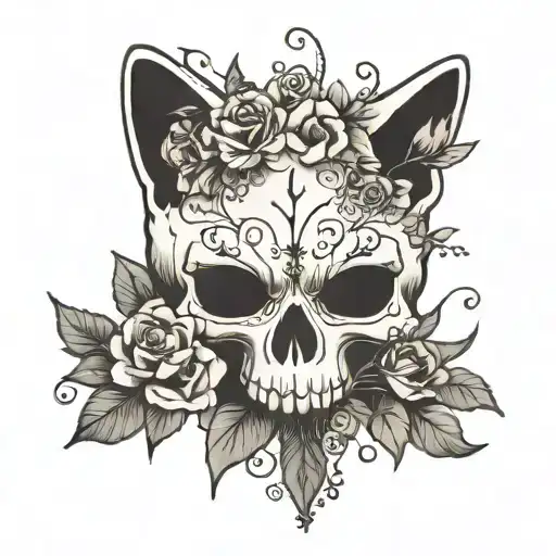 skull cat silhuette with flowers  tattoo design idea