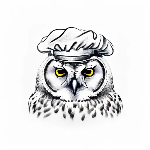 A realistic owl with a chef's hat cooking in a chemistry lab tattoo design idea