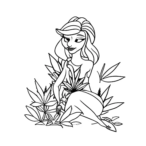 A minimalist tattoo of a Disney princess sitting under a cannabis leaf tree tattoo design idea